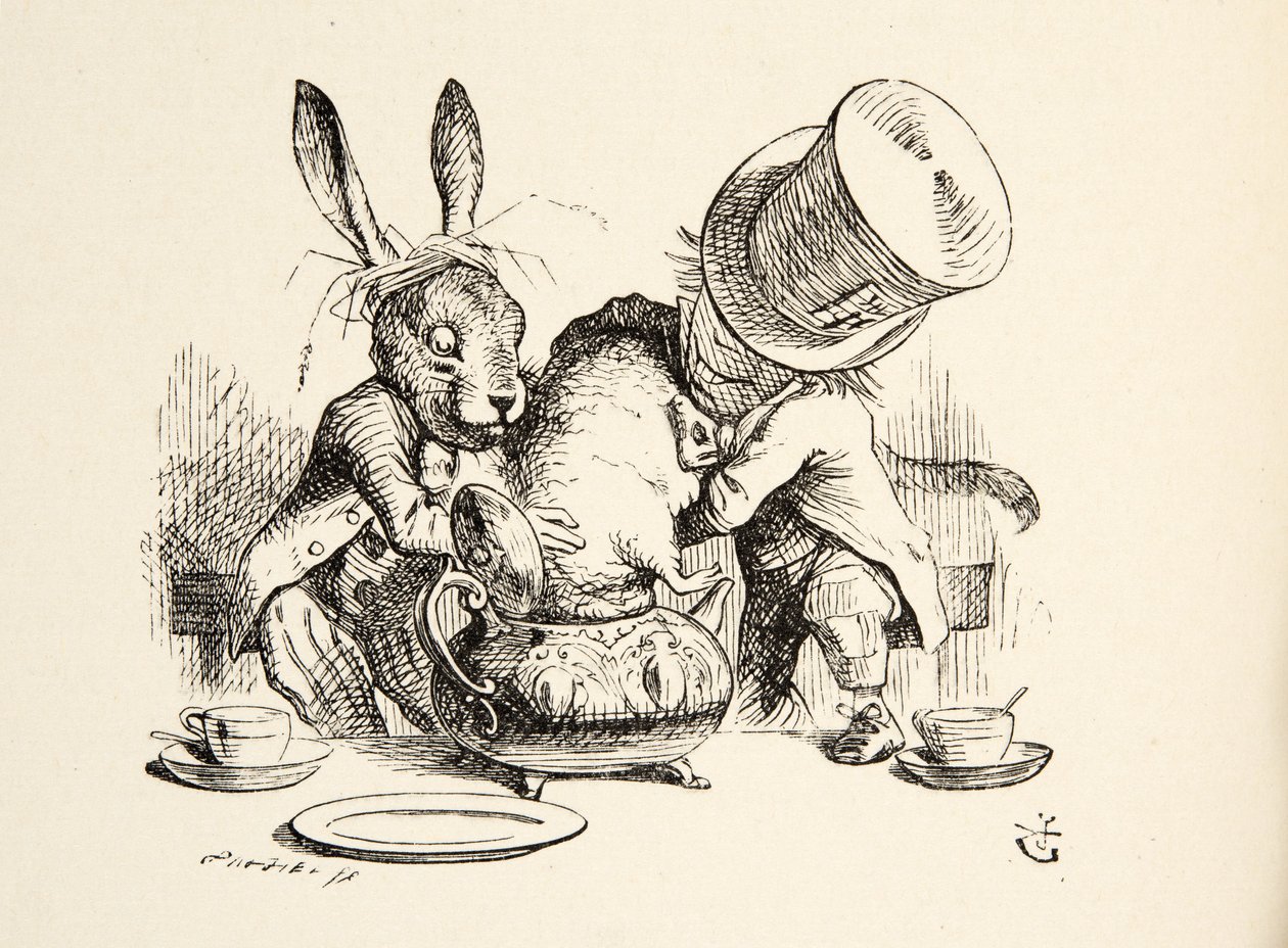 Deli Şapkacı ve Mart Tavşanı, Fındık Faresini Çaydanlığa Yerleştiriyor, Lewis Carroll (1832 - 98) tarafından kaleme alınan Alices Harikalar Diyarında
