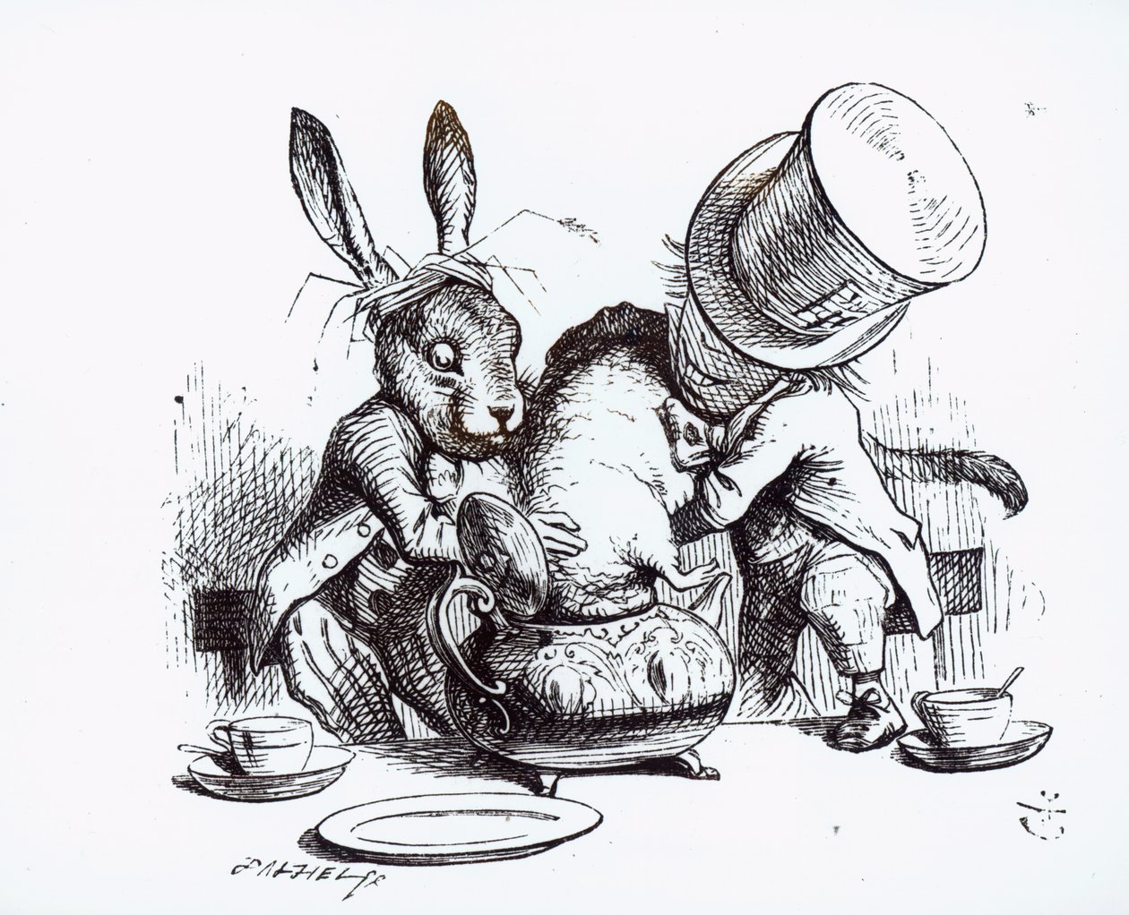 Çılgın Şapkacı ve Mart Tavşanı Fındık Faresini Çaydanlığa Yerleştiriyor, Lewis Carroll