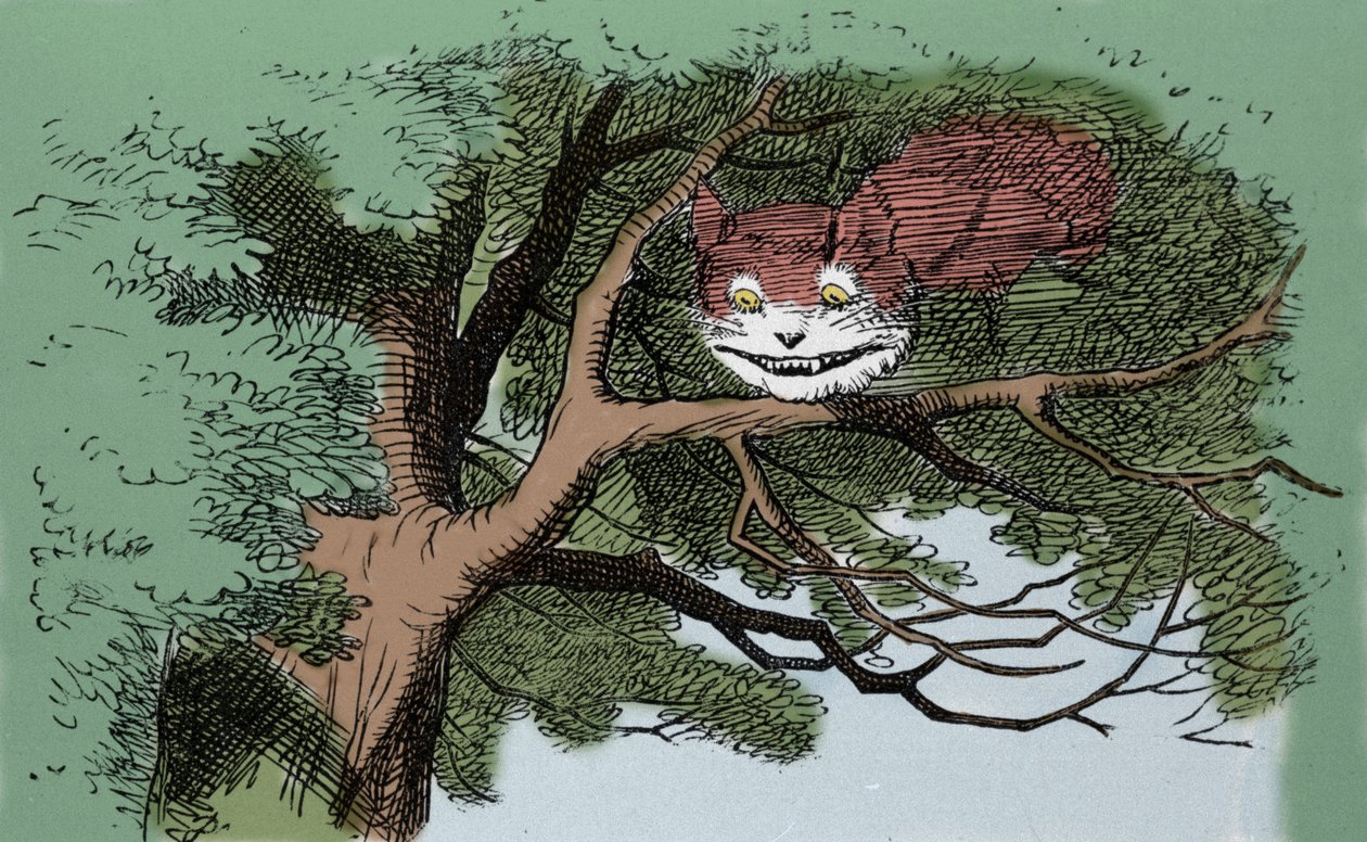detay: Alice ve Kedi, İngiliz yazar Lewis Carroll (Charles Lutwidge Dodgson) (1832-1898) tarafından Alice Harikalar Diyarında masalının ilk baskısı için Sir John Tenniel tarafından yapılan illüstrasyon. by John Tenniel