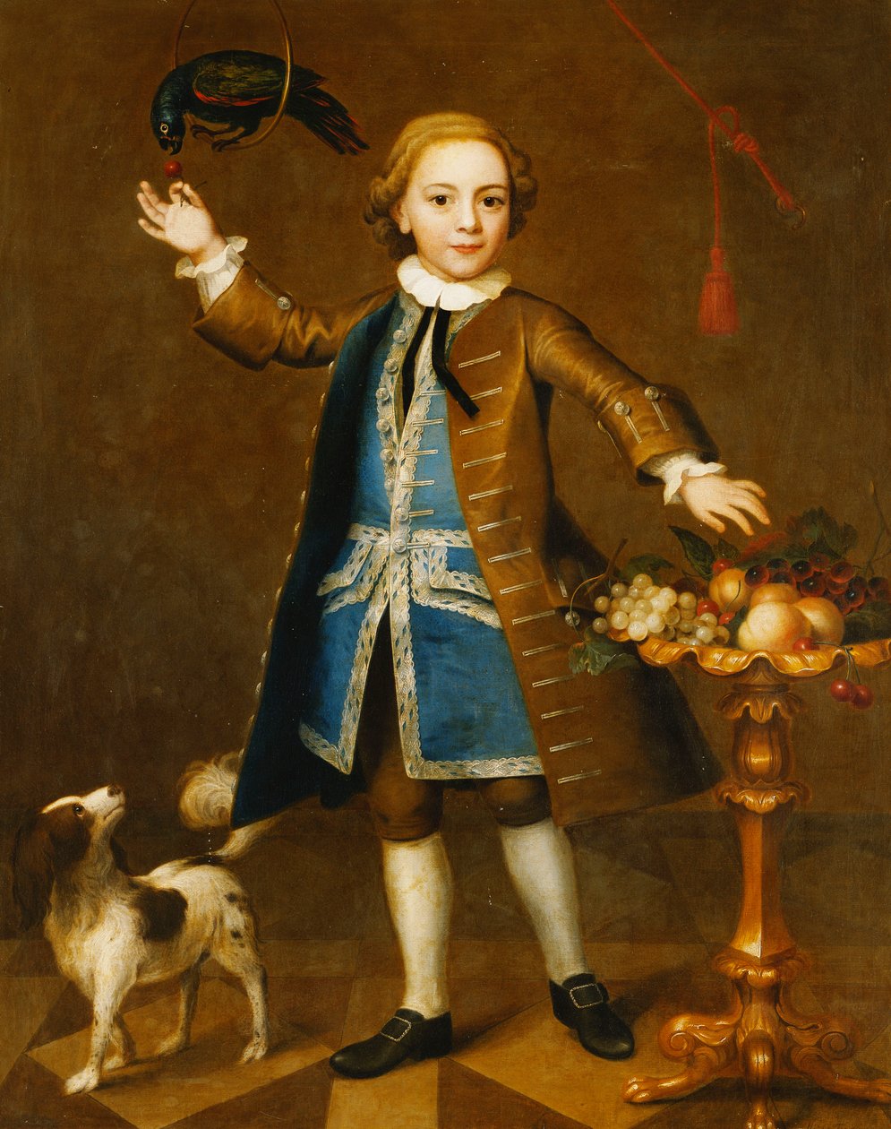 Boyu Boyu, Kahverengi Paltolu, Gümüş Örgülü Mavi Yelek, Papağana Kiraz Tutarak, Yanında Bir Spaniel, Meyveleri Ayakta Duran Bir Çocuğun Portresi, 1741 by John Theodore Heins