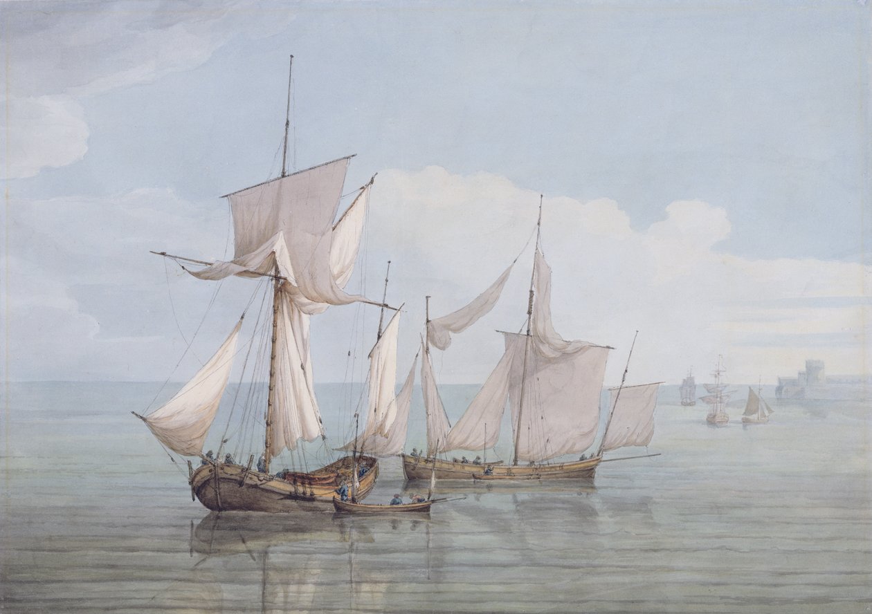 Bir Hoy ve bir Lugger ile diğer Sakin Bir Denizde Nakliye (dokuma kağıt üzerine wc, kalem ve siyah mürekkep) by John Thomas Serres