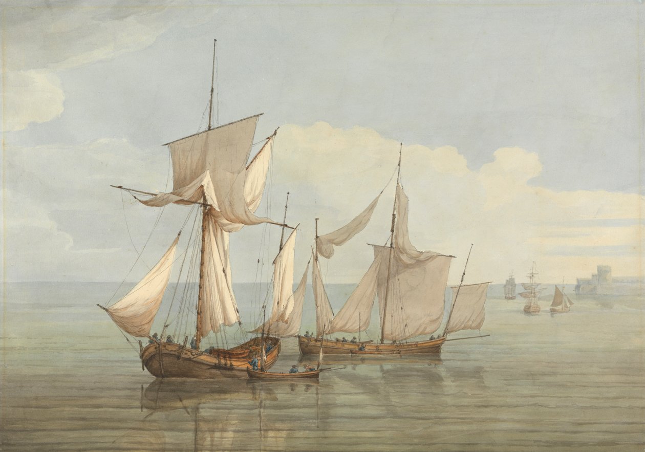 Sakin Denizde Diğer Gemilerle Birlikte Bir Hoy ve Bir Lugger by John Thomas Serres