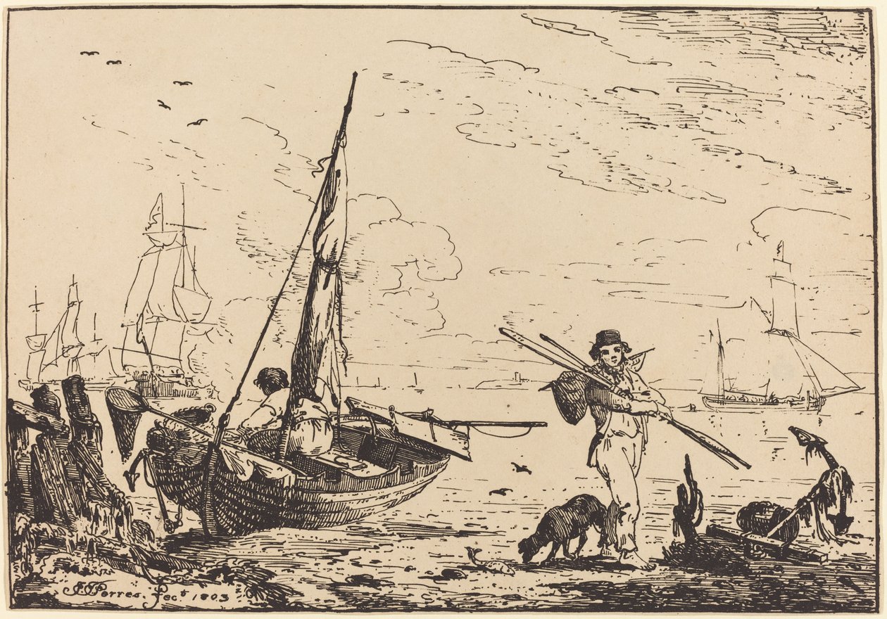Deniz: Kıyıda Balıkçı Tekneleri, Kürekli Adam, Uzakta Gemi by John Thomas Serres