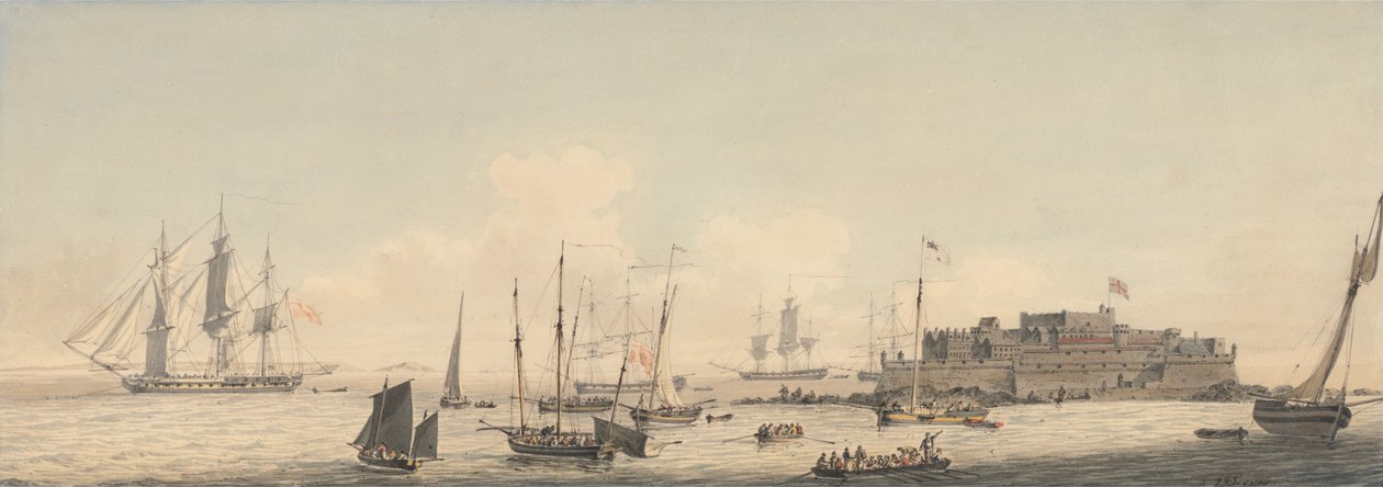 Nakliye ile Castle Cornet, Guernsey, Channel Adaları görünümü by John Thomas Serres