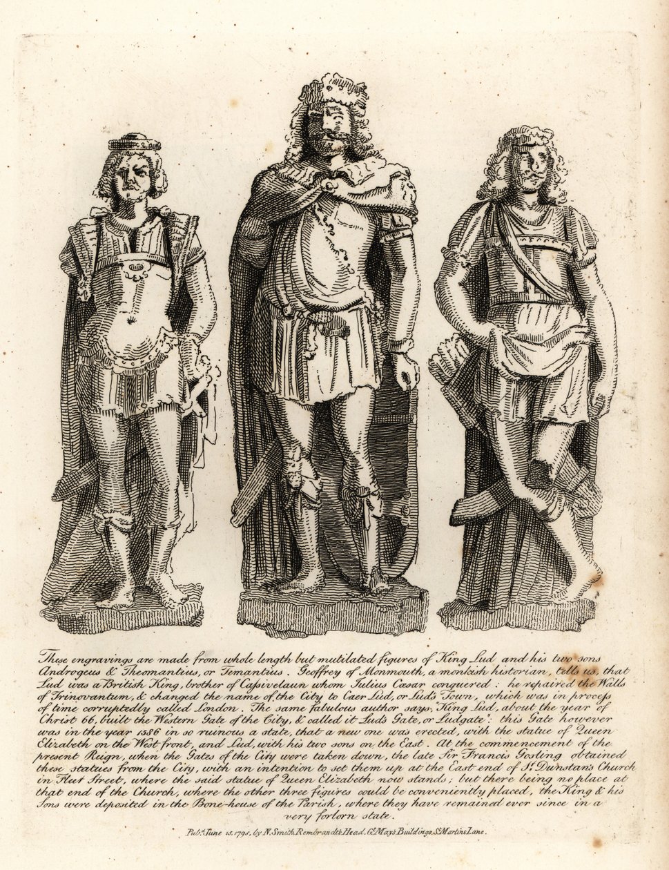 İngiliz Kralı Lud ve oğulları Angrogeus ve Theomantius (Temantius), Trinovantum surlarının tamircisi, daha sonra Caer Lud veya Lud