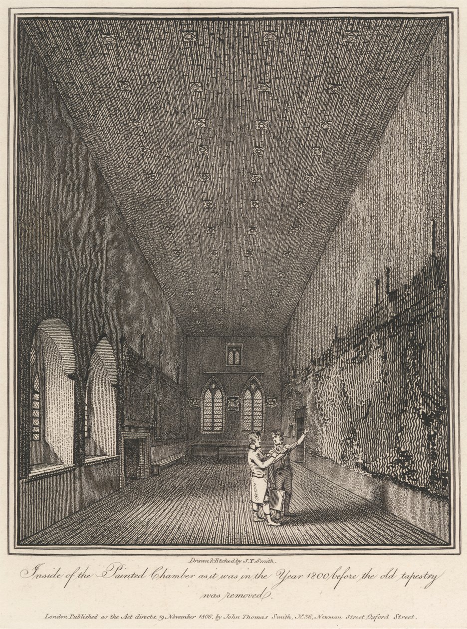 Eski duvar halısı kaldırılmadan önceki 1800 yılında olduğu gibi Boyalı Oda'nın içi by John Thomas Smith