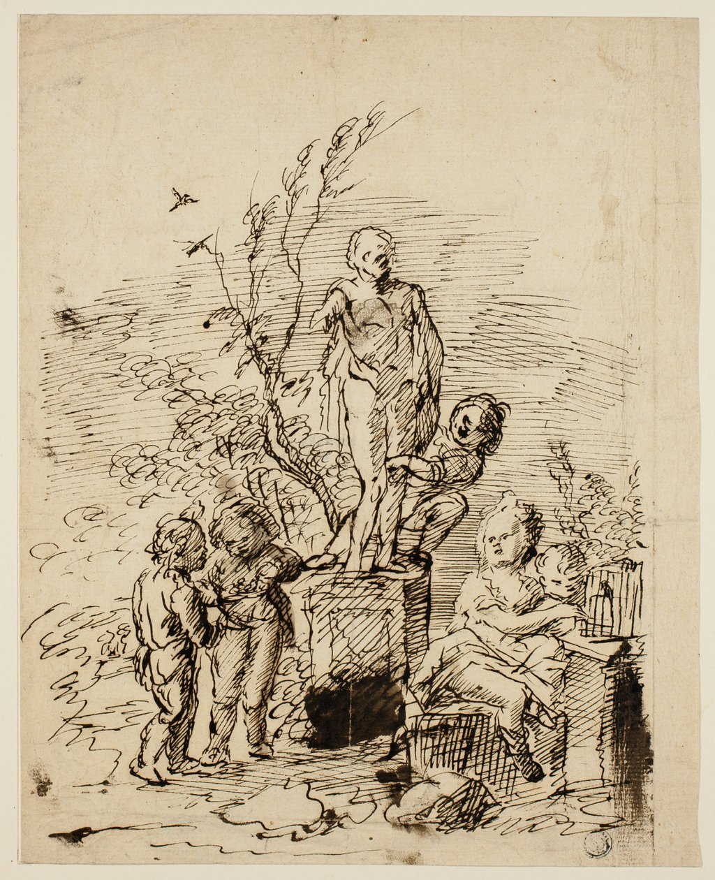Bahçede Heykelin Yanında Oynayan Çocuklar by John Vanderbank