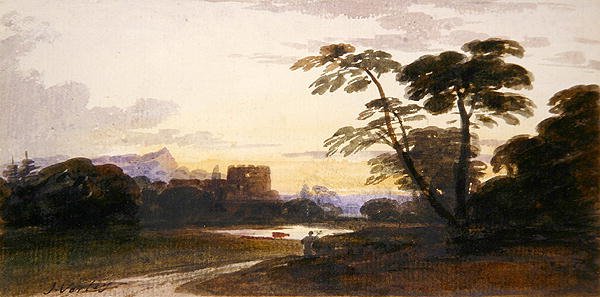 Ormanlık Peyzajda Bir Figür (kağıt üzerine sulu boya) by John Varley