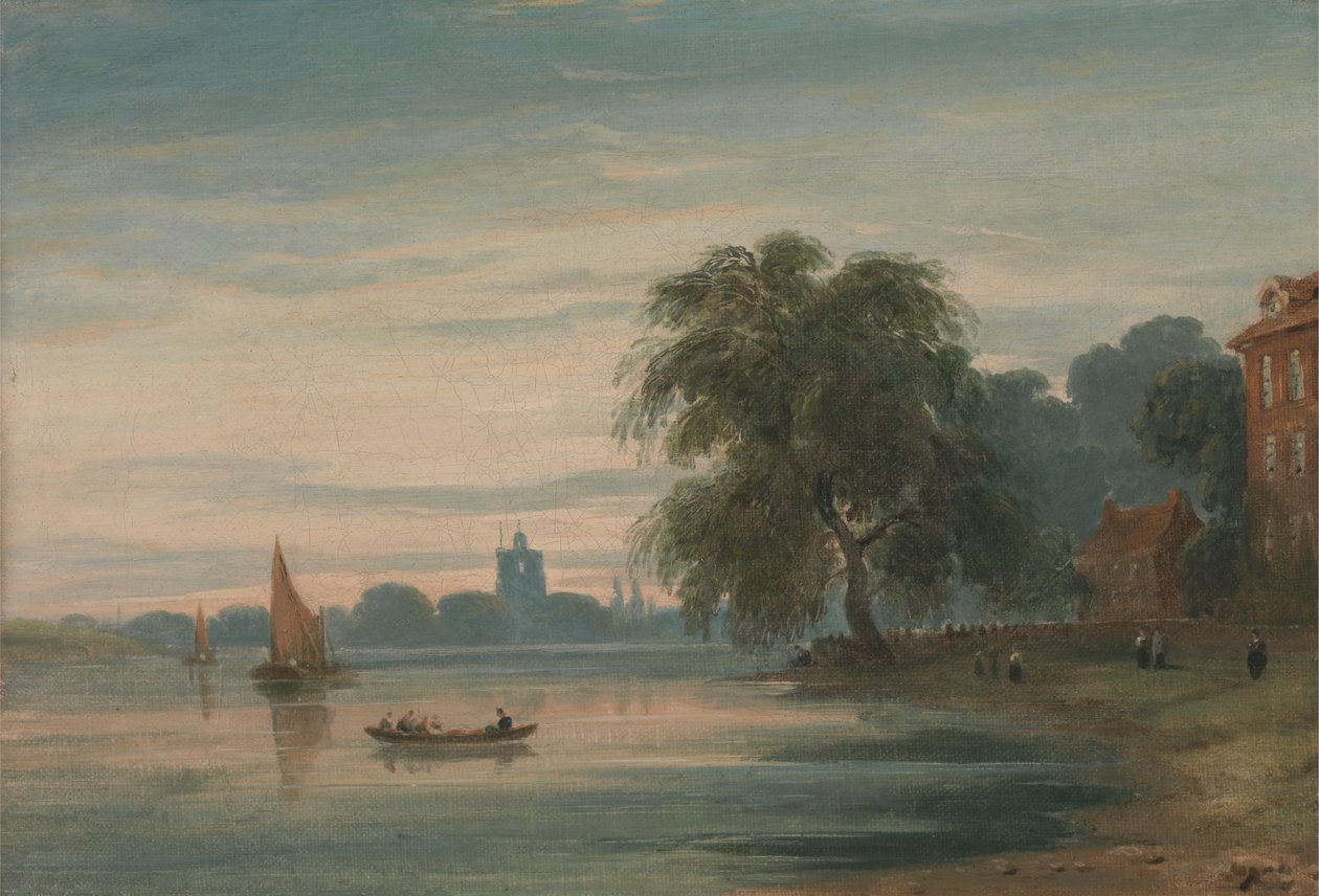 Thames boyunca Chelsea Eski Kilisesi'ne doğru bir görünüm by John Varley