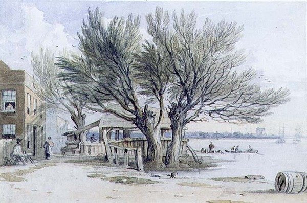 Thames Nehri Kıyısında Binalar ve Pollarded Ağaçlar, Millbank (suluboya, kurşun kalem, tükenmez kalem ve mürekkep) by John Varley
