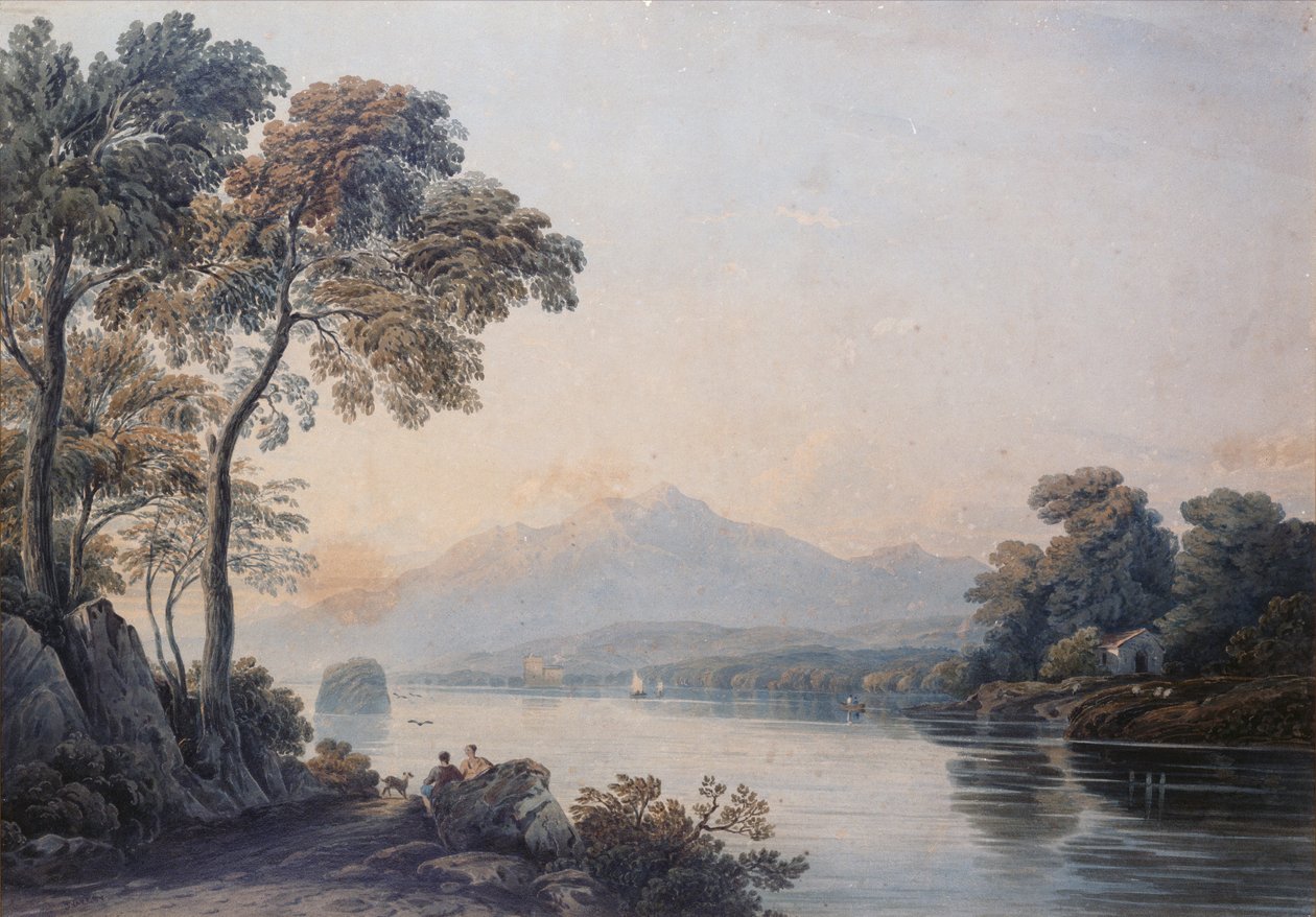 Killarney Gölü Kıyısında Köpekli Figürler (suluboya) by John Varley
