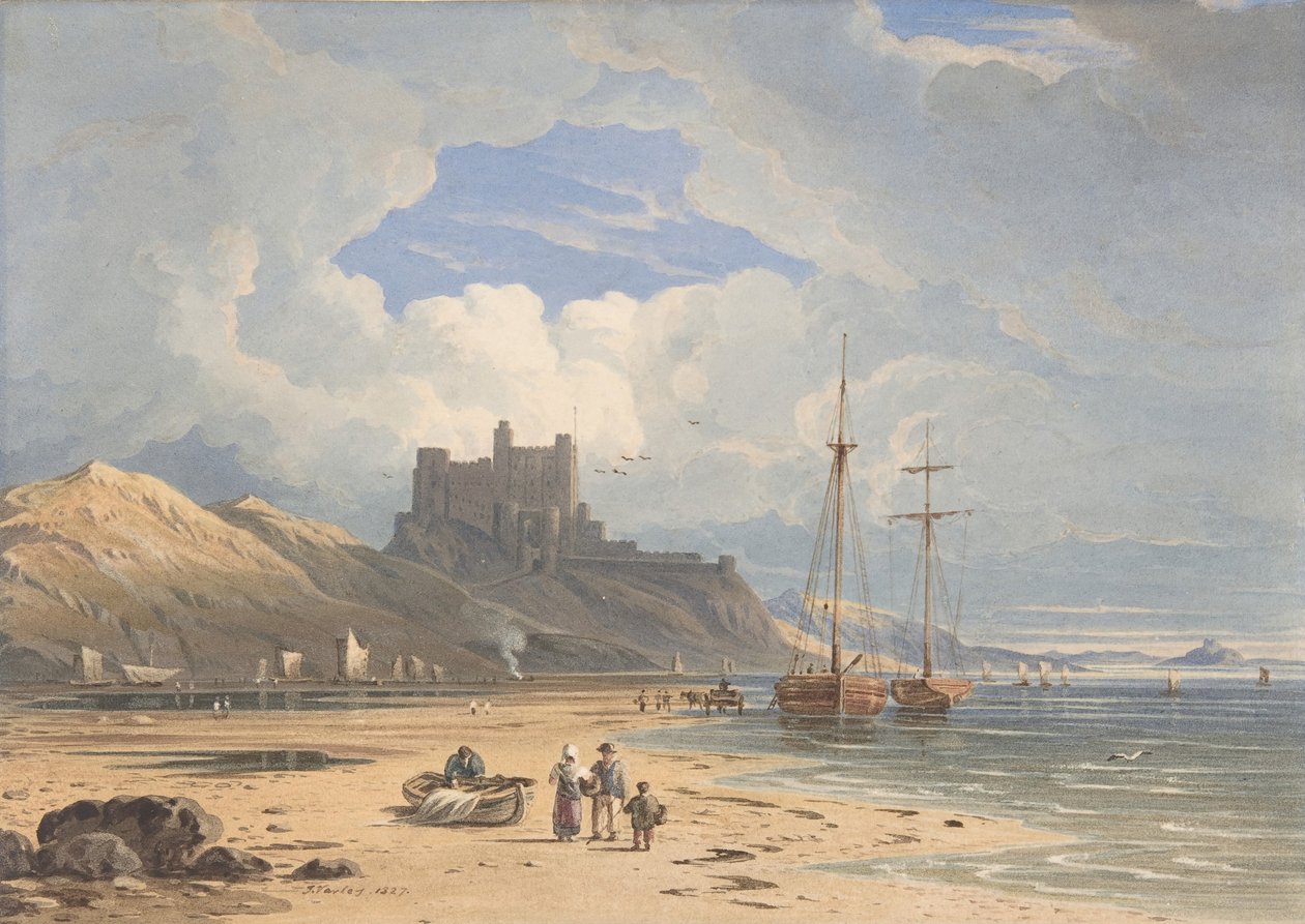 Kuzeydoğudan Bamburgh Kalesi, Uzakta Kutsal Ada ile, Northumberland, 1827. by John Varley I