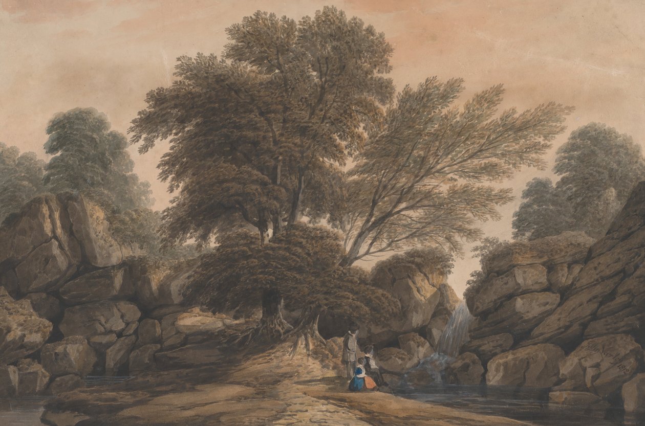 Ormanlık Bir Peyzajda Şelale ve Havuzun Yanındaki Figürler, 1812. by John Varley I