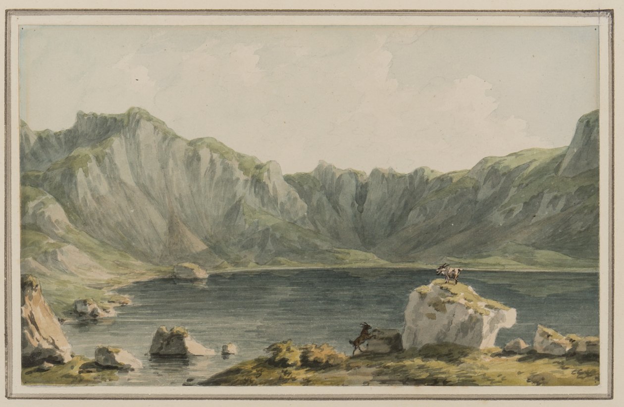 Llyn Idwal, ona yaklaşırken Llyn Ogwen, Carnarvonshire, c.1795 (kağıt üzerinde wc) by John Warwick Smith