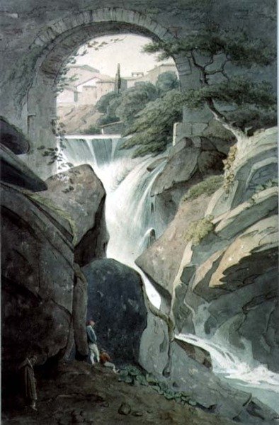 Ön planda üç figürle Tivoli Şelalesi (wc) by John Warwick Smith