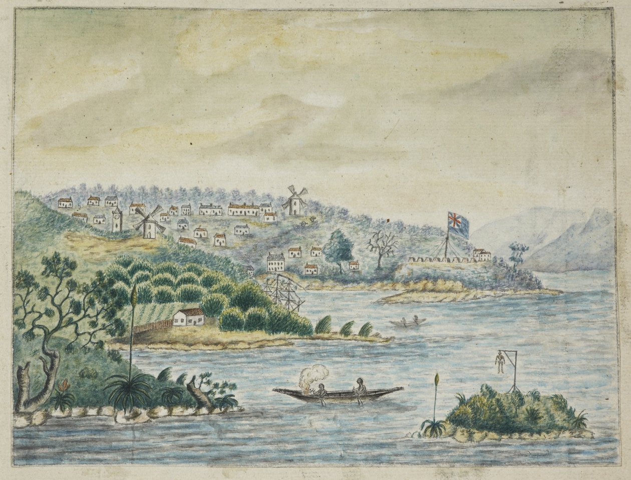 Ekle. 13880, f.79 Bir İngiliz kolonisinden bir görünüm. Ön planda, bir kanodaki yerliler, Minerva nakliyesinde tutulan bir Journal