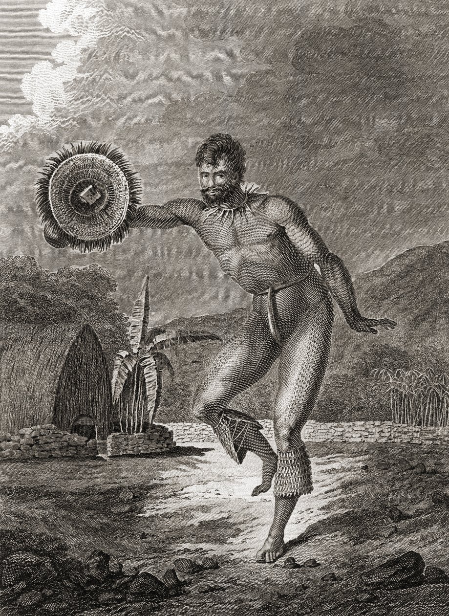 Geleneksel kostümlü dövmeli bir dansçı, Hawaii, 1778 by John Webber