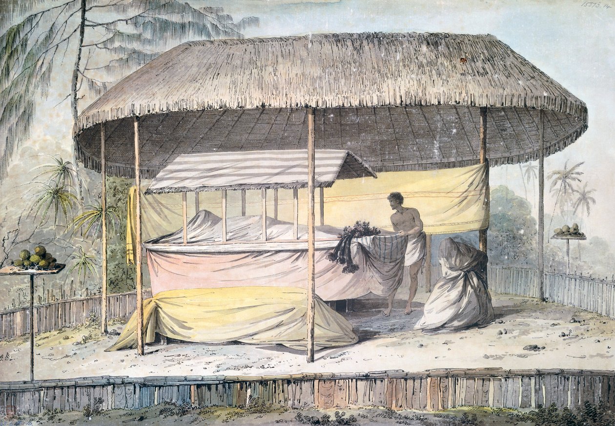 Gölgelik altında ölen cenaze, Tahiti, Society Adaları, John Webber (1750-1793) tarafından suluboya, Kaptan James Cook