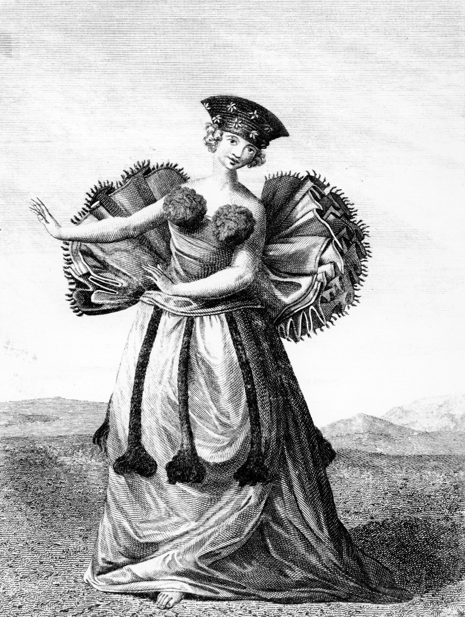 Otaheite Dans Eden Genç Bir Kadının Alışkanlığı, c.1785 (gravür) by John Webber