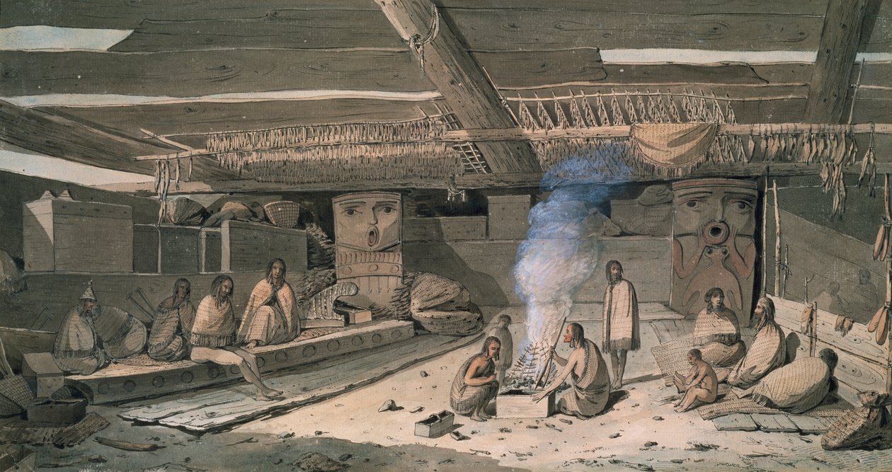 Nootka Kızılderili evinin içi, John Webber, çizim by John Webber