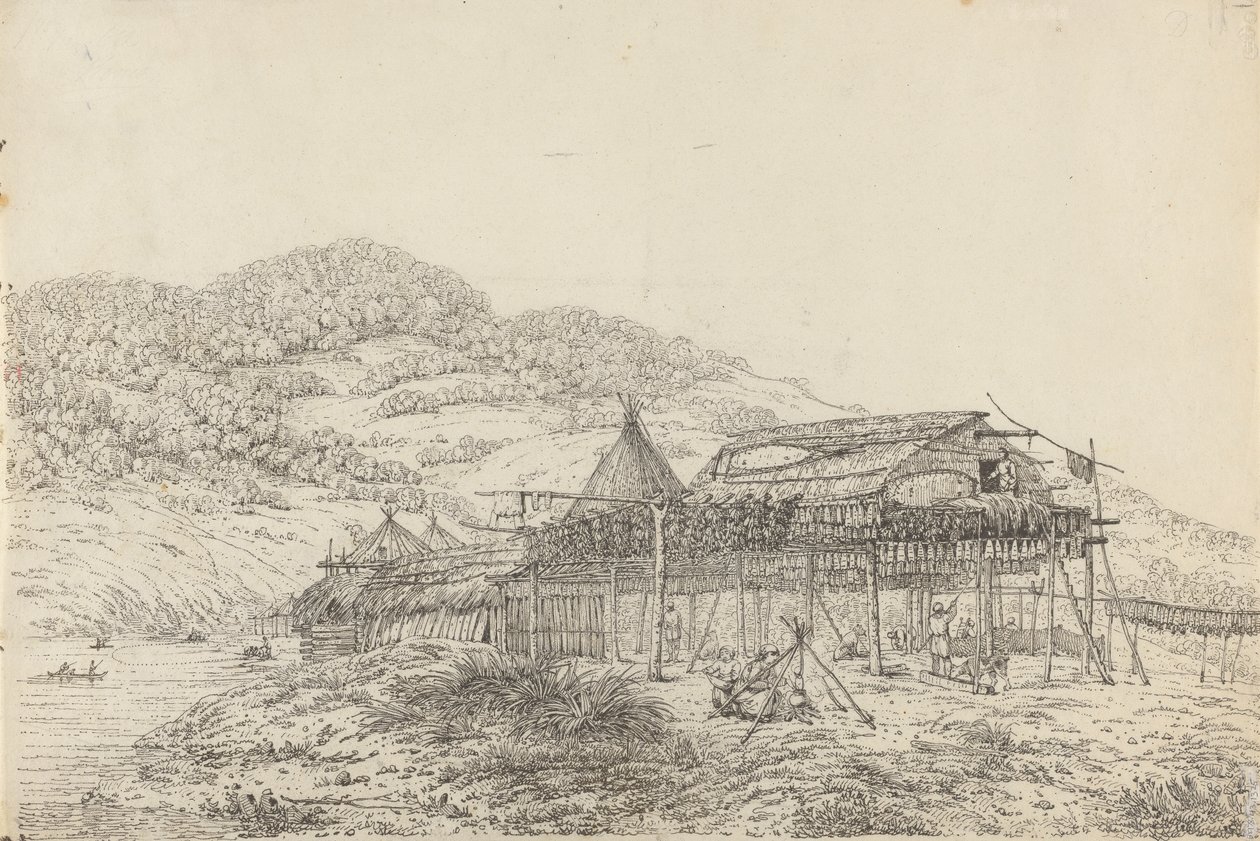 Balaganlar veya Balık Kurutma Yöntemiyle Yazlık Evler, St. Peter ve Paul, Kamtschatka'da by John Webber