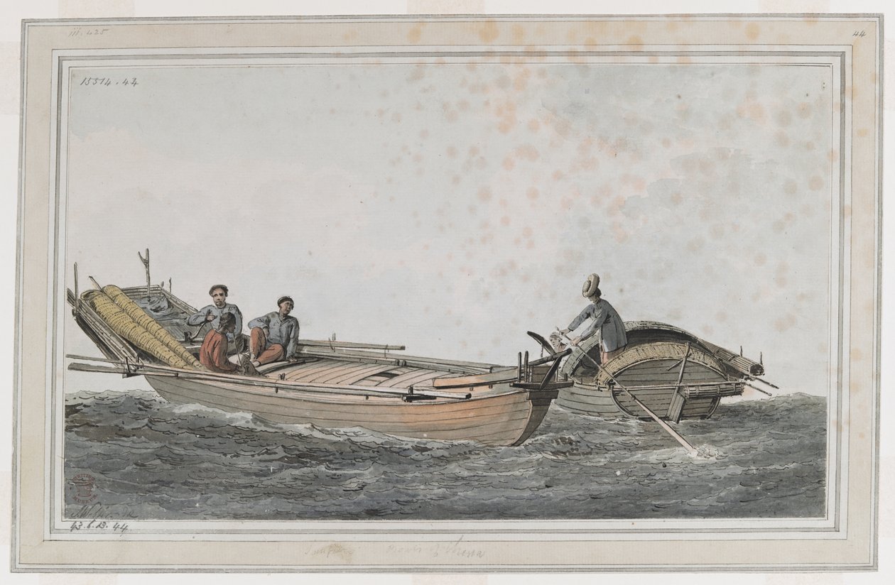 Birinde üç, diğerinde iki figür bulunan iki küçük tekne. by John Webber