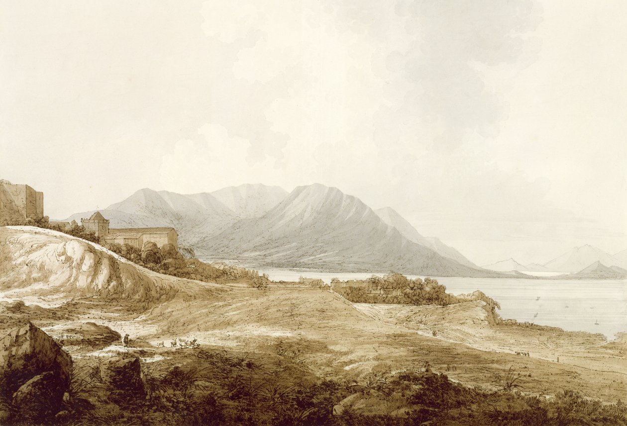 Lusiad'ını yazdığı Camoens Rezidansı da dahil olmak üzere Makao'da, 'Güney Denizlerinde Manzaralar', pub. 1788 by John Webber