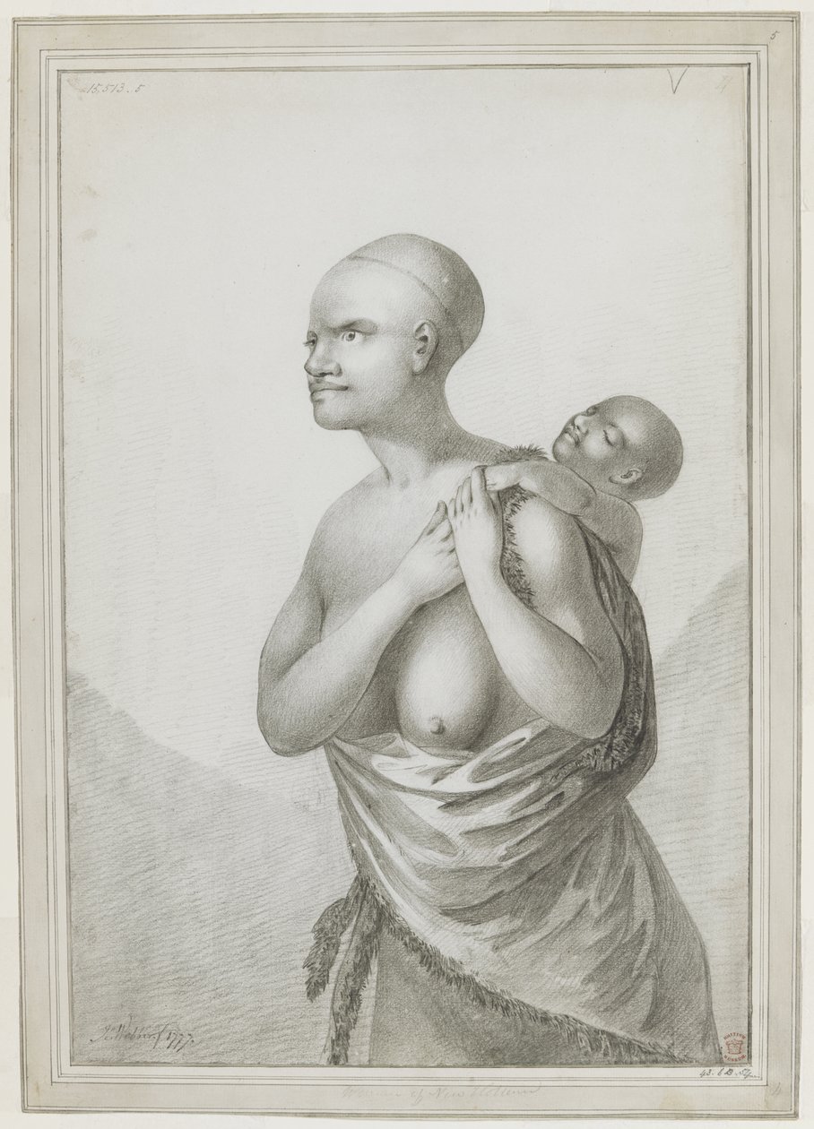 [Tam çizim] Sırtında bir çocuk taşıyan, sol omzundan beline bir deri sarkan Tazmanyalı bir kadın. Ocak 1777 by John Webber