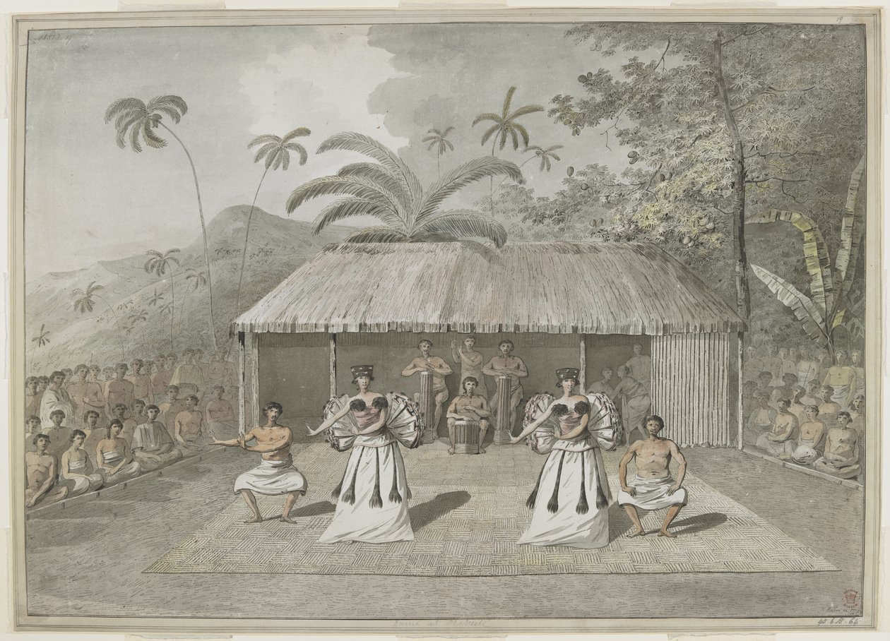 [Tüm çizim] Otaheite'de [Tahiti] bir dans ya da heiva. İki erkek ve iki kadın dans ediyor, arkada davulcular ve her iki tarafta seyirciler. Eylül 1777 by John Webber