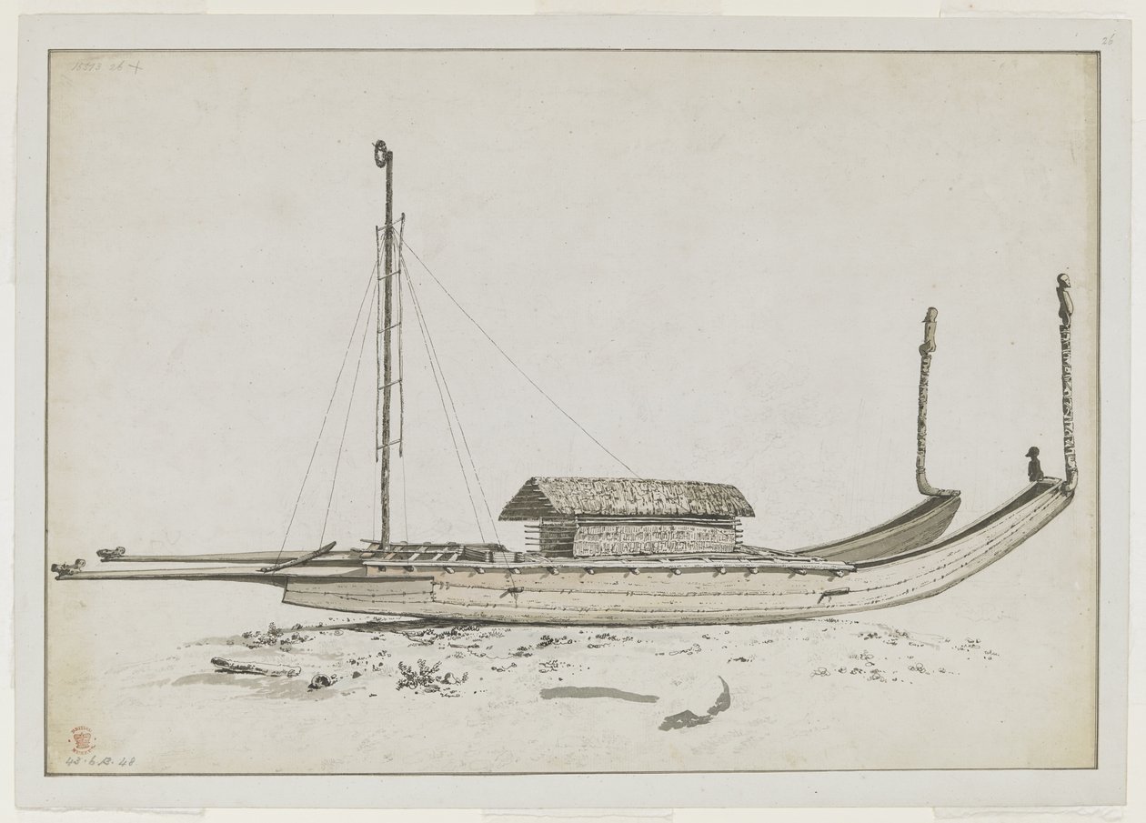 [Tüm çizim] Otaheite'nin [Tahiti] çift hareketli kanosu, özenle oyulmuş by John Webber