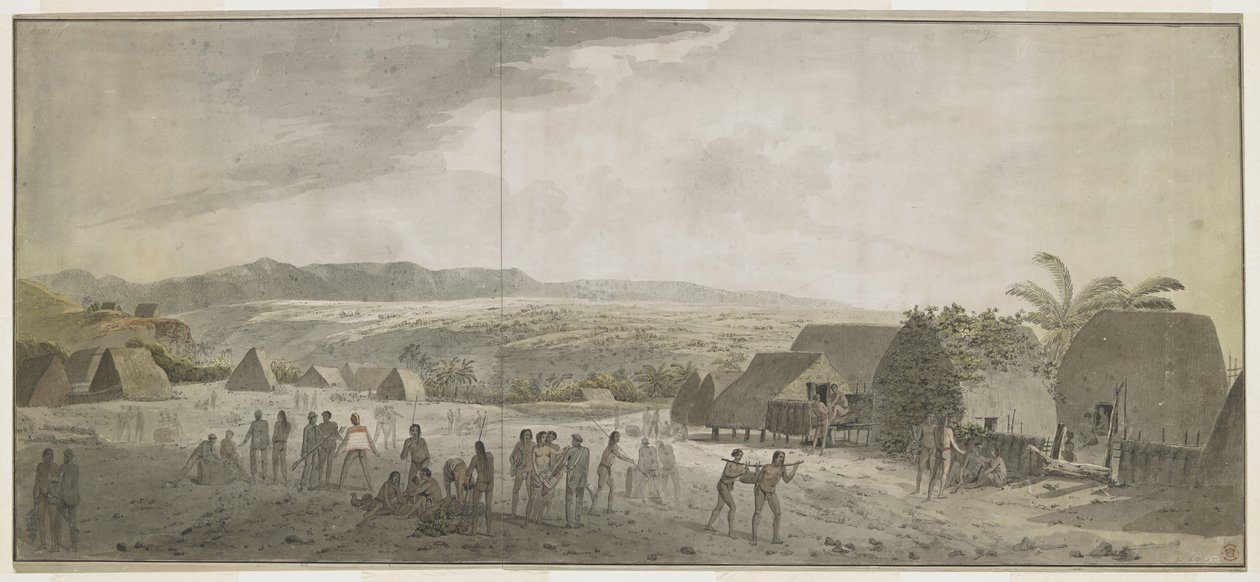 [Tüm çizim] Kaptan Cook'un Ocak 1778'de Waimea, Atooi [Kauai] köyüne yaptığı ziyaretin çizimi. Bazı adamlar fıçıları yuvarlıyor, diğerleri ise Hawaiililerle takas yapıyor. Sağda, bir direğe gerilmiş bir domuz taşıyan iki yerli. Arkalarında yerli ku by John Webber
