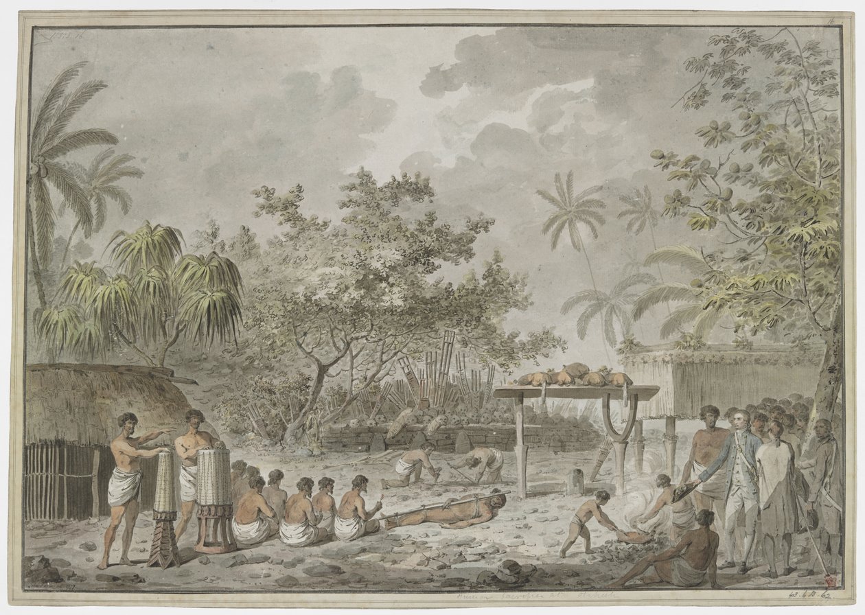 [Tam çizim] Tahiti'deki Attahouroo [Utuaimahurau]'daki büyük morai'de insan kurbanı, Kaptan Cook'un 1 Eylül 1777'de tanık olduğu. ve üç by John Webber
