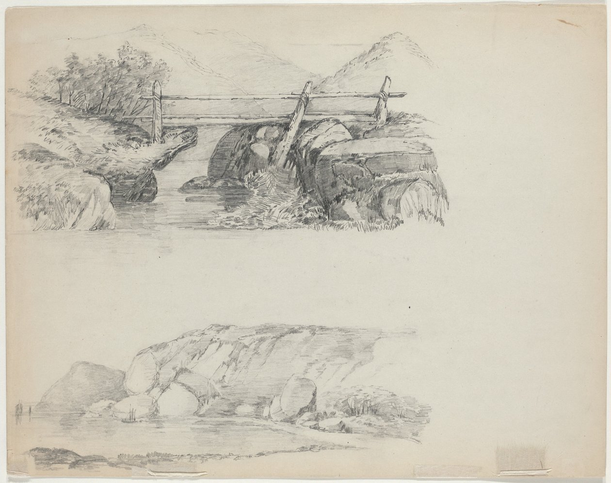 Rocky Stream üzerinde köprü [üstten ver] by John William Casilear