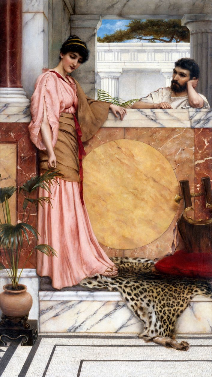 "Antik çağda bir çift, bir soylunun villasında (Roma), erkek kadının cevabını bekliyor gibi görünüyor. John William Godward (1861-1922) 1889 Özel koleksiyon by John William Godward