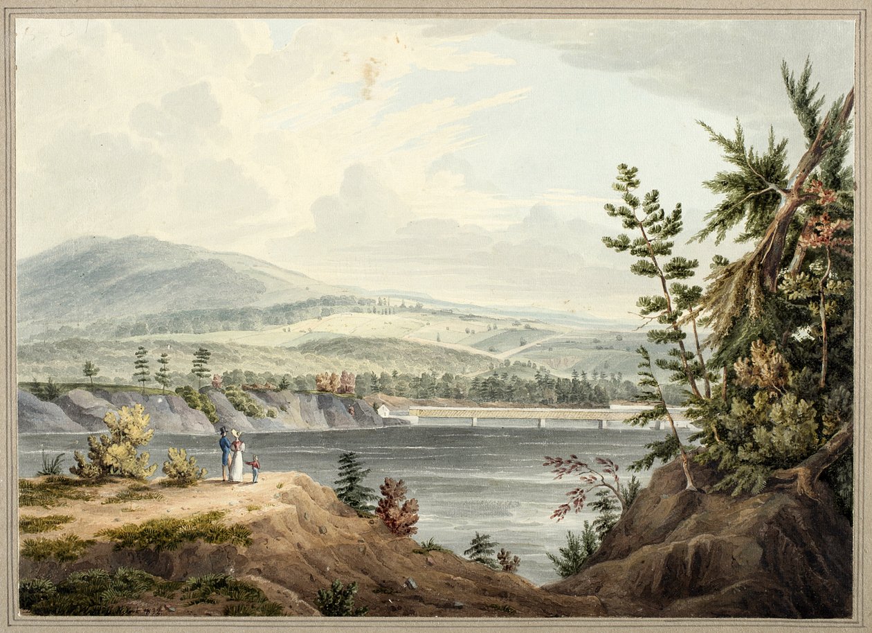 Waterford yakınlarındaki Hudson Nehri Köprüsü, New York, 1832 (suluboya, guaj, seçici cam, grafit ve kart üzerine yerleştirilmiş kağıt üzerine kazıma) by John William Hill