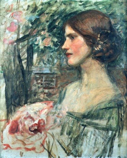 Yeşil Elbiseli Bir Kadının Portresi veya Buket, c.1908 (tuval üzerine yağlı boya) by John William Waterhouse
