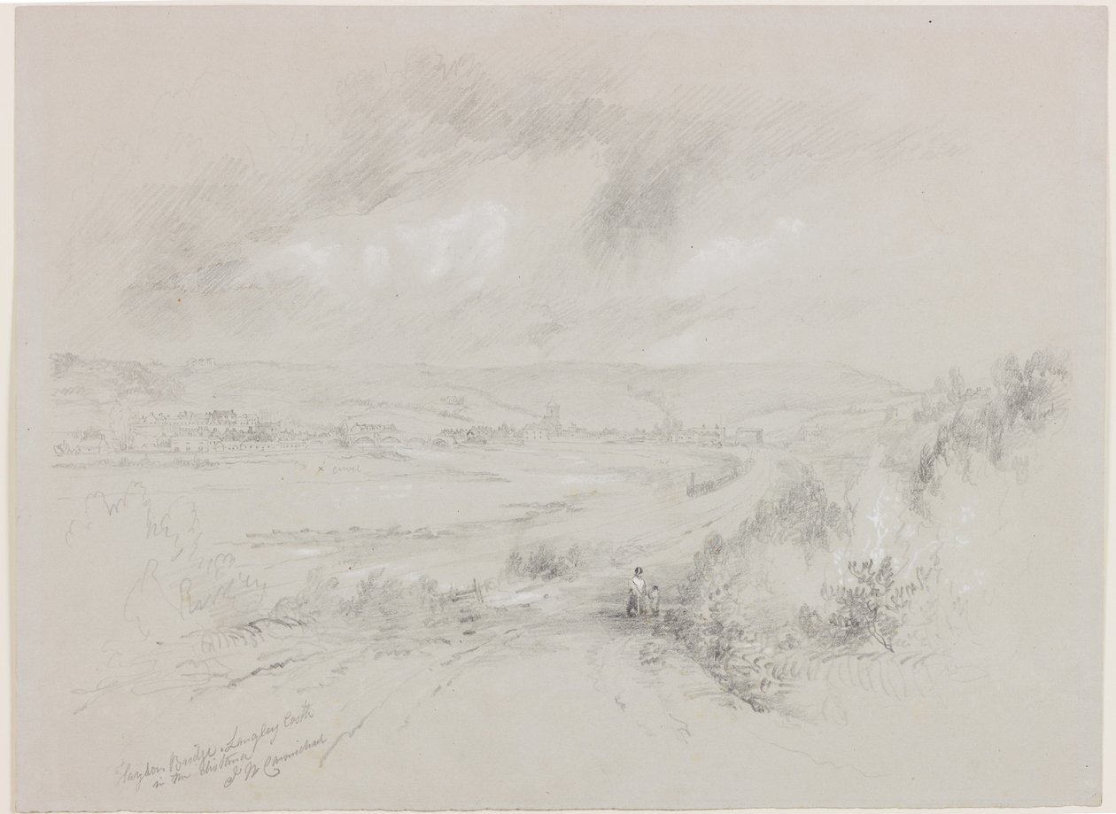 Haydon Bridge, Langley Castle in the Distance (bc und pencil on paper) by John Wilson Carmichael