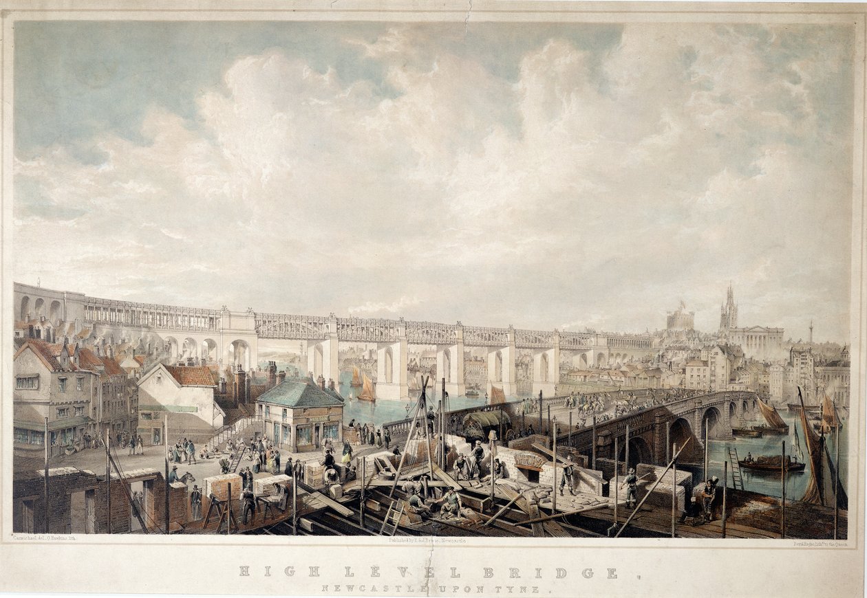 Yüksek Düzey Köprü, Newcastle upon Tyne, George Hawkins (1819-52) tarafından oyulmuş (el boyaması taş) by John Wilson Carmichael