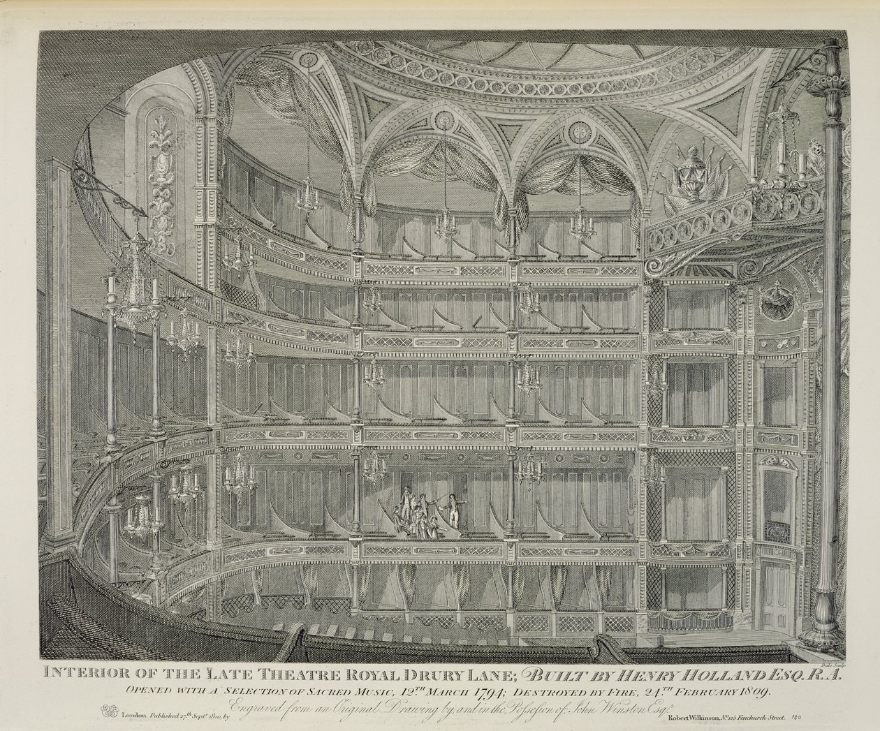 Interior of the Late Theatre Royal, Drury Lane, in London, Built by Henry Holland, 1794, Destroyed by Fire in 1809, engraved by Dale, 1820  by John Winston