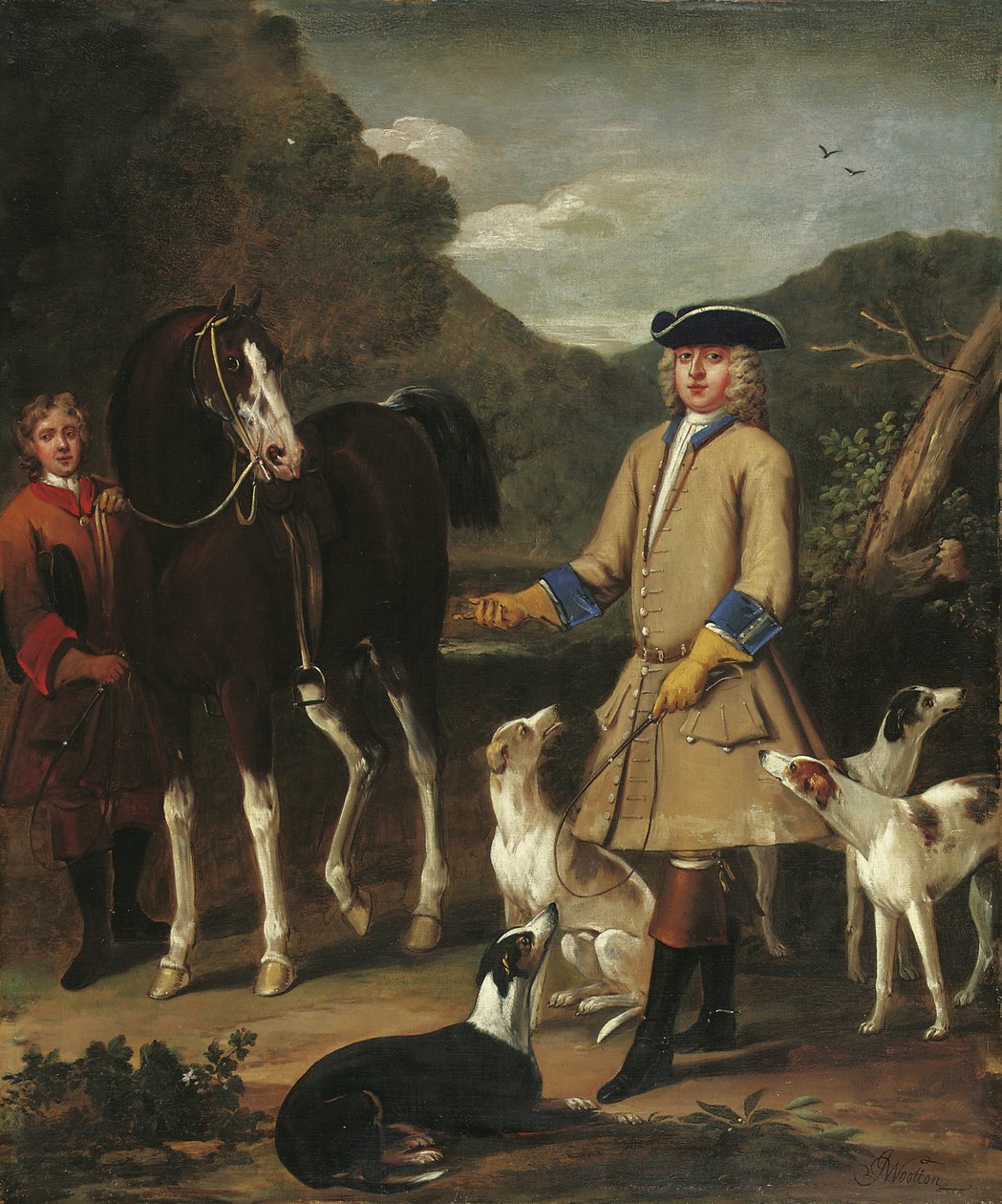 Edward, Lord Seymour, atı, damadı ve köpekleriyle bir manzarada by John Wootton
