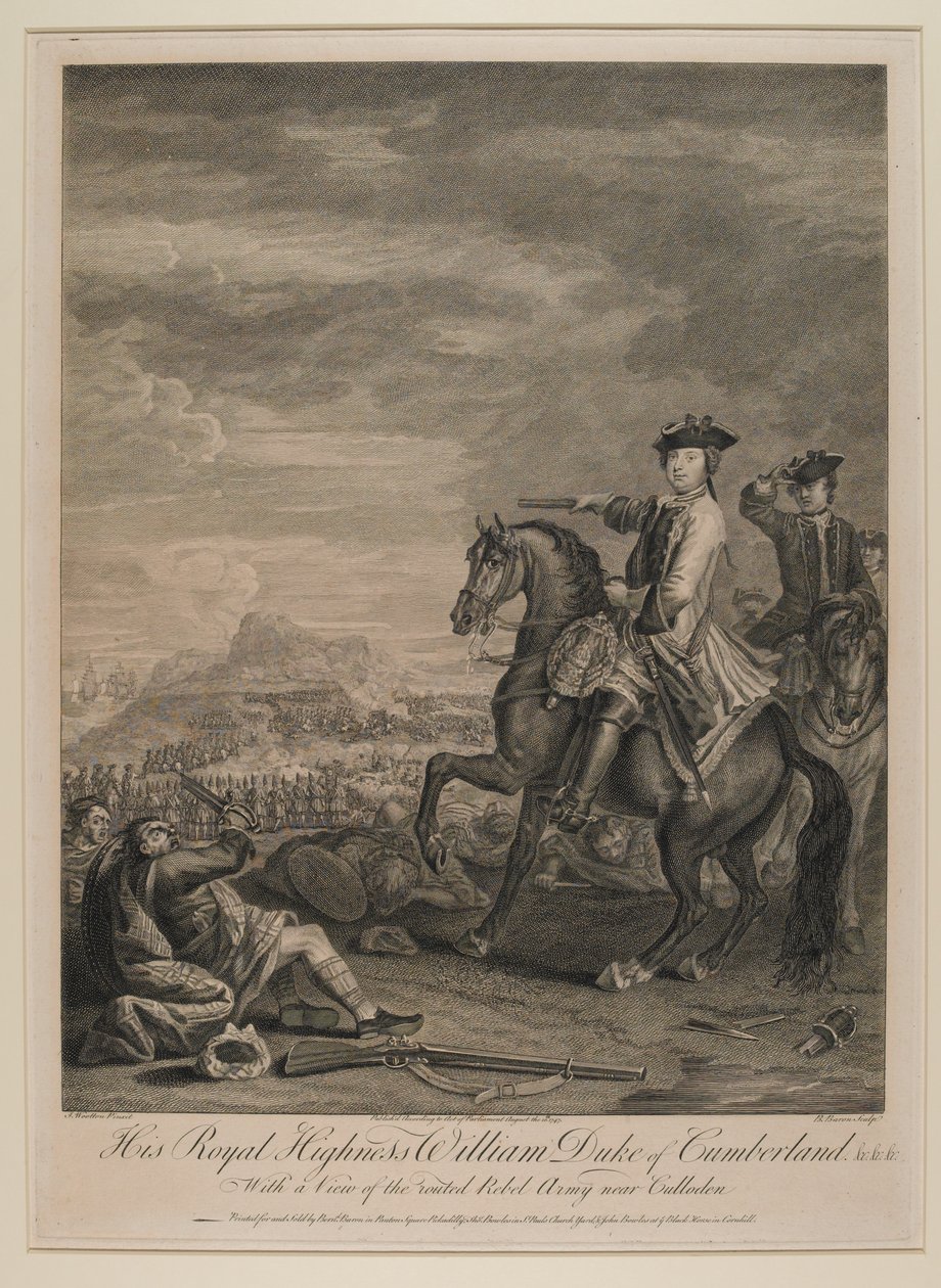 H.R.H. William (1721-65) Cumberland Dükü, Culloden yakınlarındaki bozguna uğramış ordunun bir görünümü ile, 1746, B. Baron tarafından yayınlandı, 1747 by John Wootton