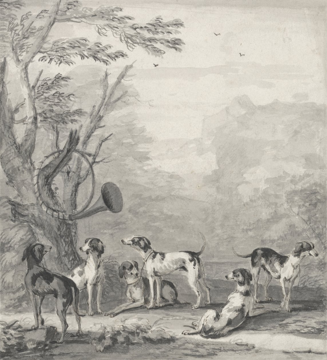 Manzaradaki Köpekler (grafit, tükenmez kalem, kahverengi mürekkep ve gri yıkama) by John Wootton