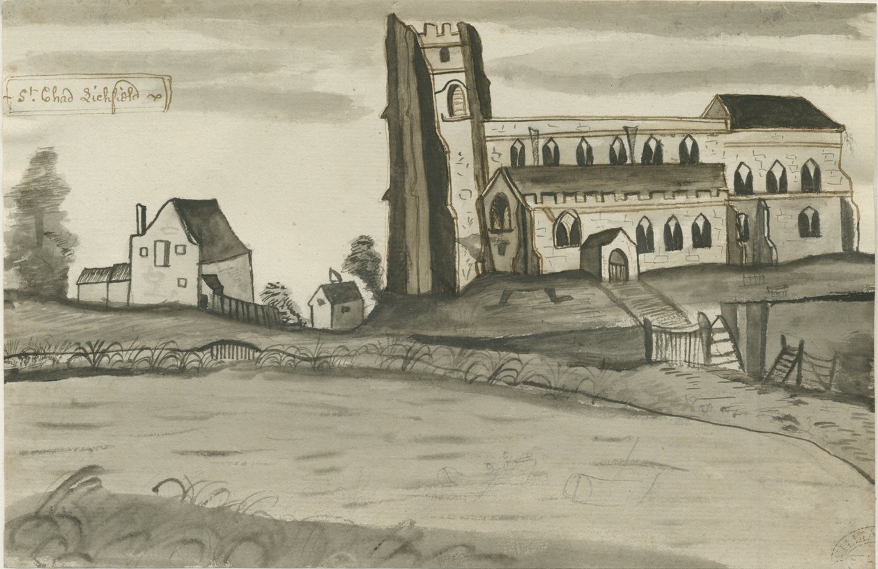 Lichfield - Aziz Çad Kilisesi: kalem ve yıkama çizimi, nd [1784] (çizim) by John Wright