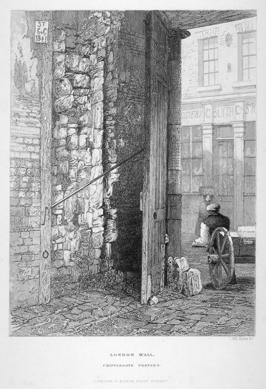 Cripplegate Postern, St Giles kilisesinde, Cripplegate olmadan, London Wall, Londra, 1851. by John Wykeham Archer