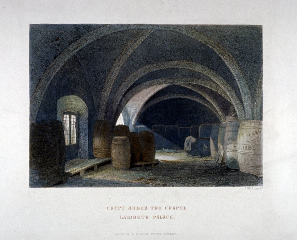 Lambeth Sarayı, Londra, 1851'deki şapelin altındaki fıçılarla dolu kript. by John Wykeham Archer
