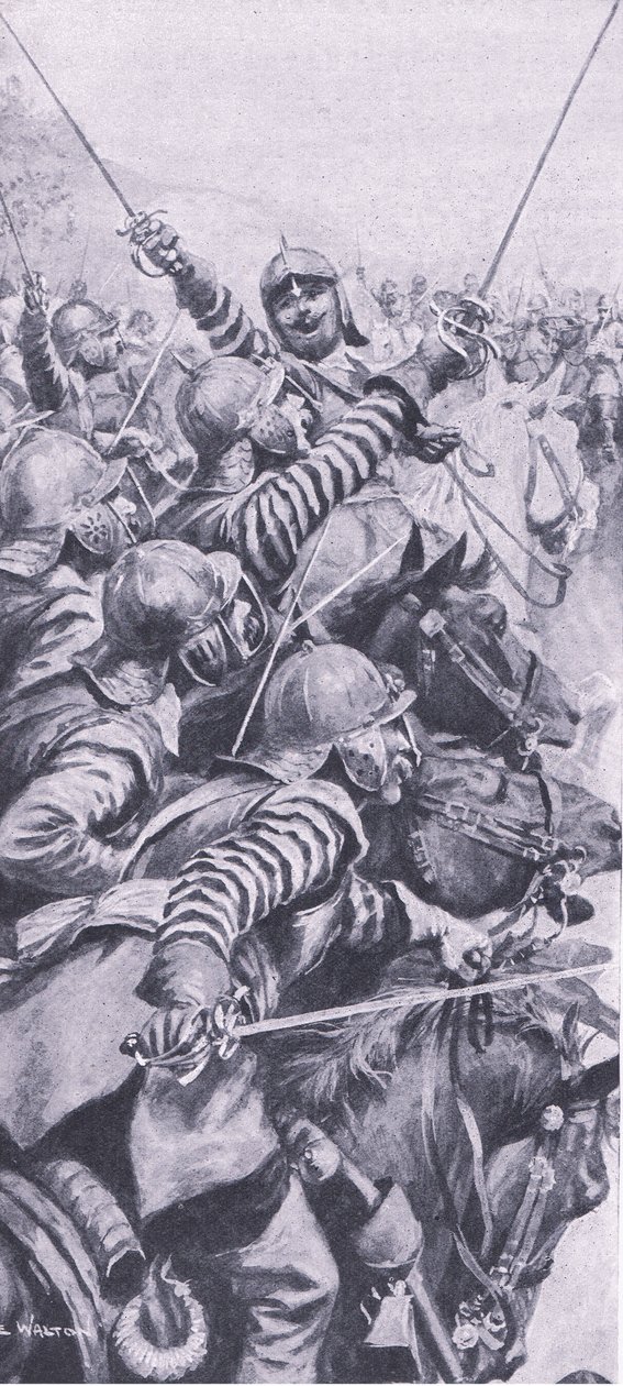 Edgehill savaşında süvari katılımı, 23 Ekim 1642, İngiliz Kara ve Deniz Savaşlarından bir çizim, 1915 by John de Walton