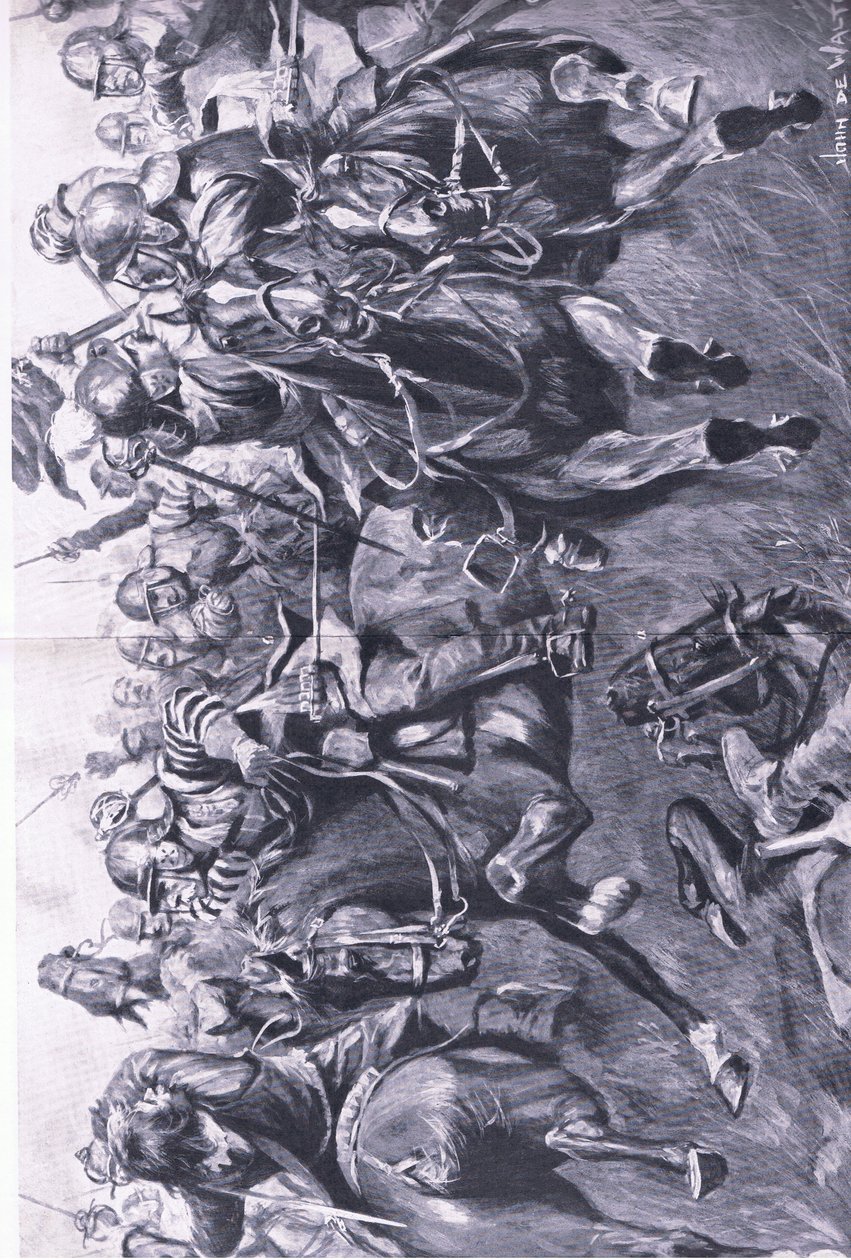 Marston Moor, 2 Temmuz 1644: Leslie komutasındaki İskoç süvarileri, Prens Ruperts kanadına saldırıyor, İngiliz Kara ve Deniz Savaşlarından bir çizim, 1915 by John de Walton
