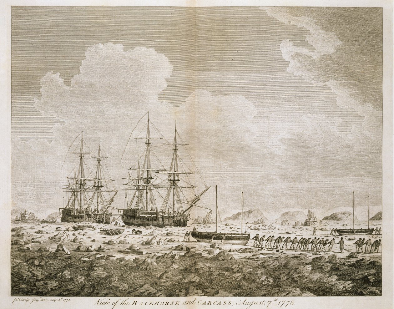 'Yarış Atı' ve 'Karkas'tan Bir Görünüm, 7 Ağustos 1773, 'Majestelerinin Komutanlığı 1773 Tarafından Üstlenilen Kuzey Kutbuna Doğru Bir Yolculuk'tan, 1774'te yayınlandı by John the Younger Cleveley