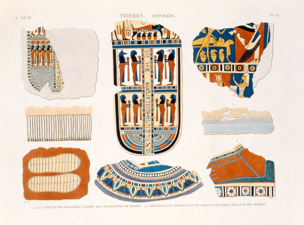 Mumya sargılarından dekoratif detayların çizimleri, 4,5; Mumyalar üzerinde bulunan bir saçak ve çizgili bir materyalin detayı, Thebes, Hypogees, `Descriptions of Egypt