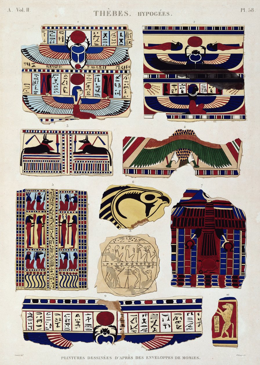 Mumyaların ambalajlarından boyanmış tasarımların çizimleri, Hypogees, Thebes, Willemin tarafından kazınmış, 1822 (aquatint) 'Descriptions of Egypt', Cilt II'den 58 numaralı plaka by Jomard